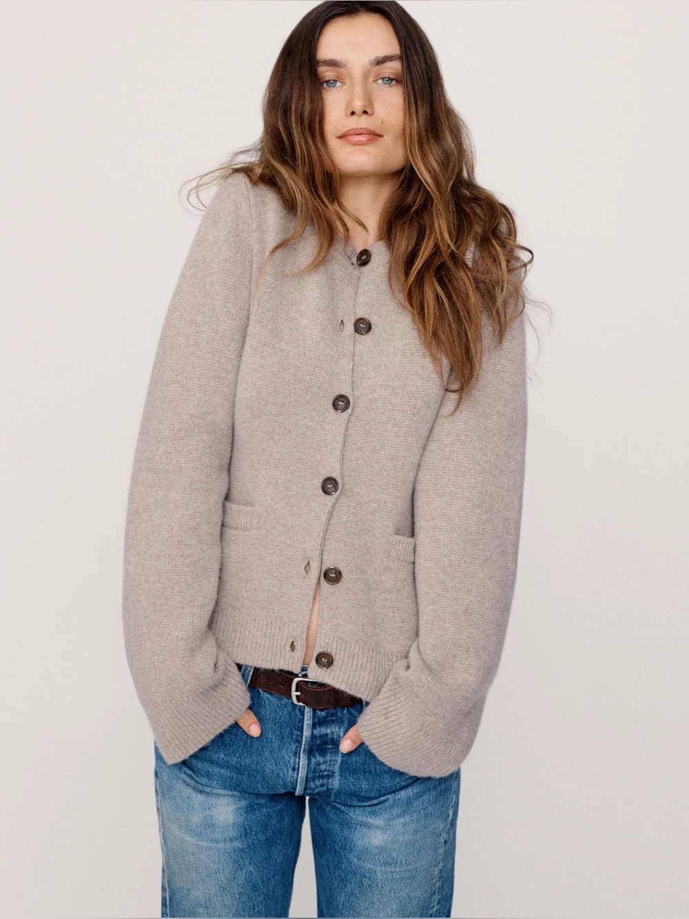 Jenni Kayne Cooper Cardigan Taupe Wool Cashmere Button Front Patch Pockets XL